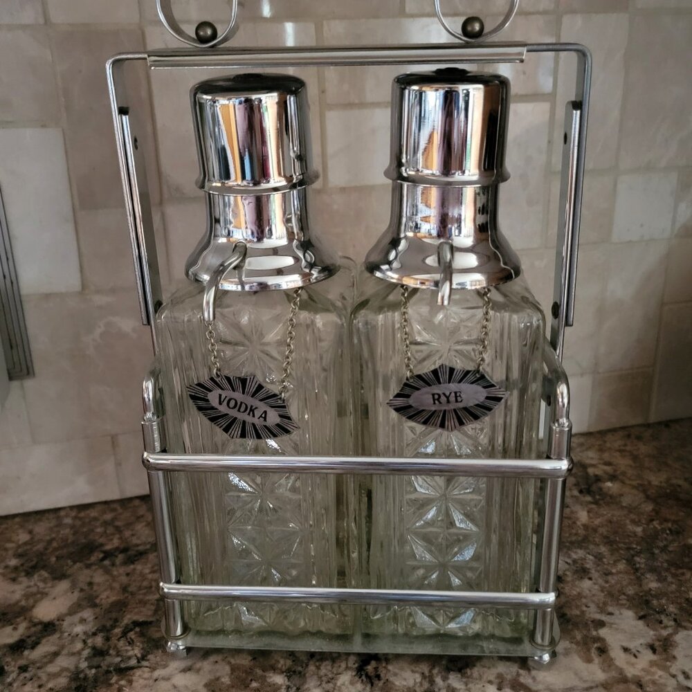 Vintage Double Glass Pump Style Liquor Decanters-1950/1960s